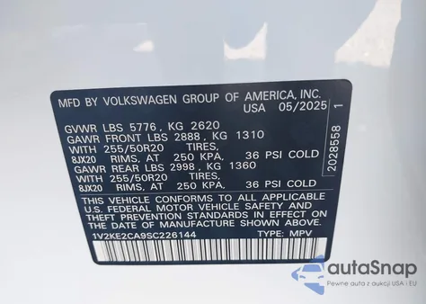 2025 Volkswagen Atlas Cross Sport 2.0T Se W/Technology from USA, damaged, VIN 1V2KE2CA9SC226144
